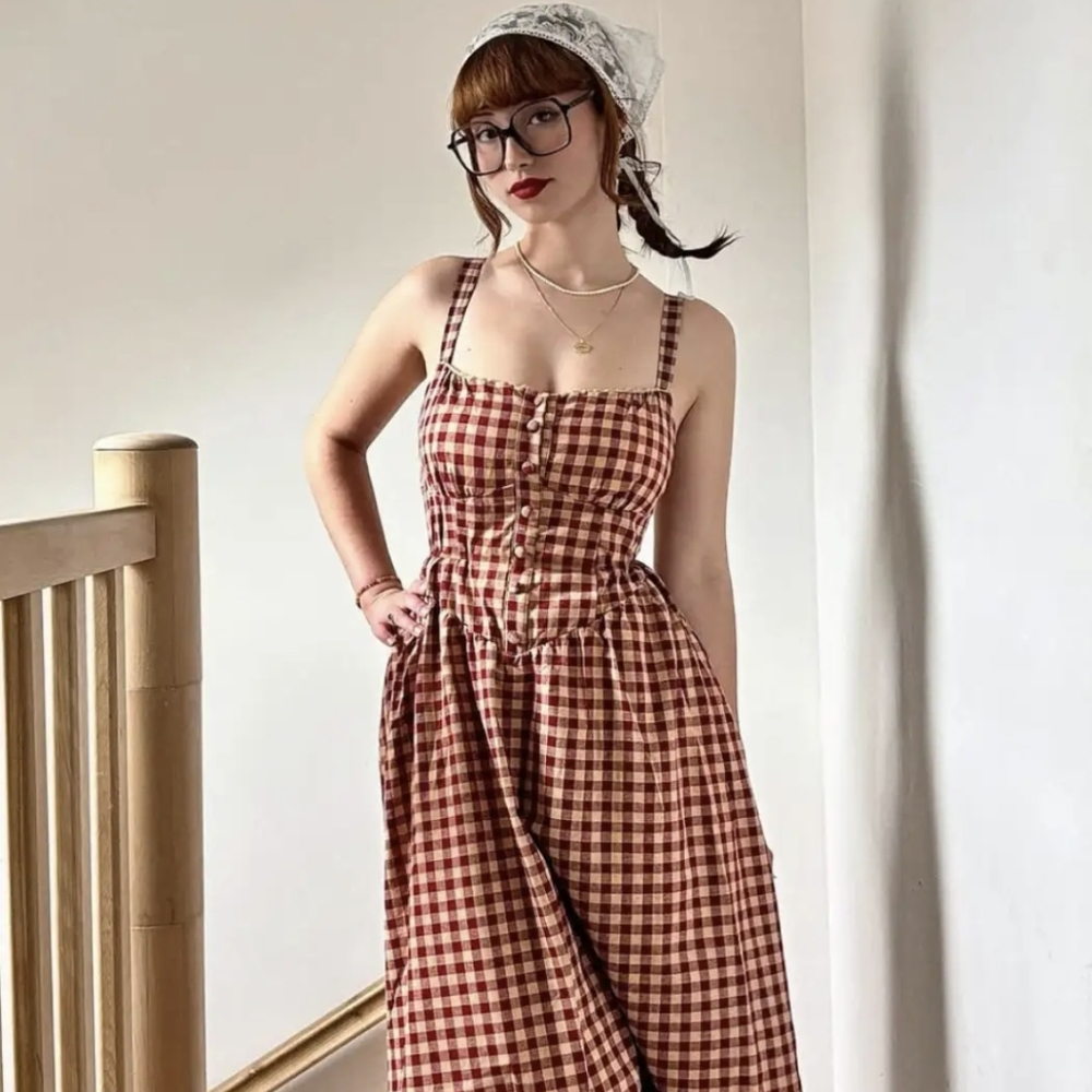 Cider Wine & Cream Cotton Blend Square Neck Gingham Maxi Dress NWT Size Small - Picture 8 of 9